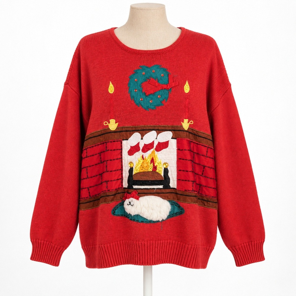 Vintage 90s Puppy Dog Holiday Sweater L Red Ugly Christmas Novelty Cottagecore